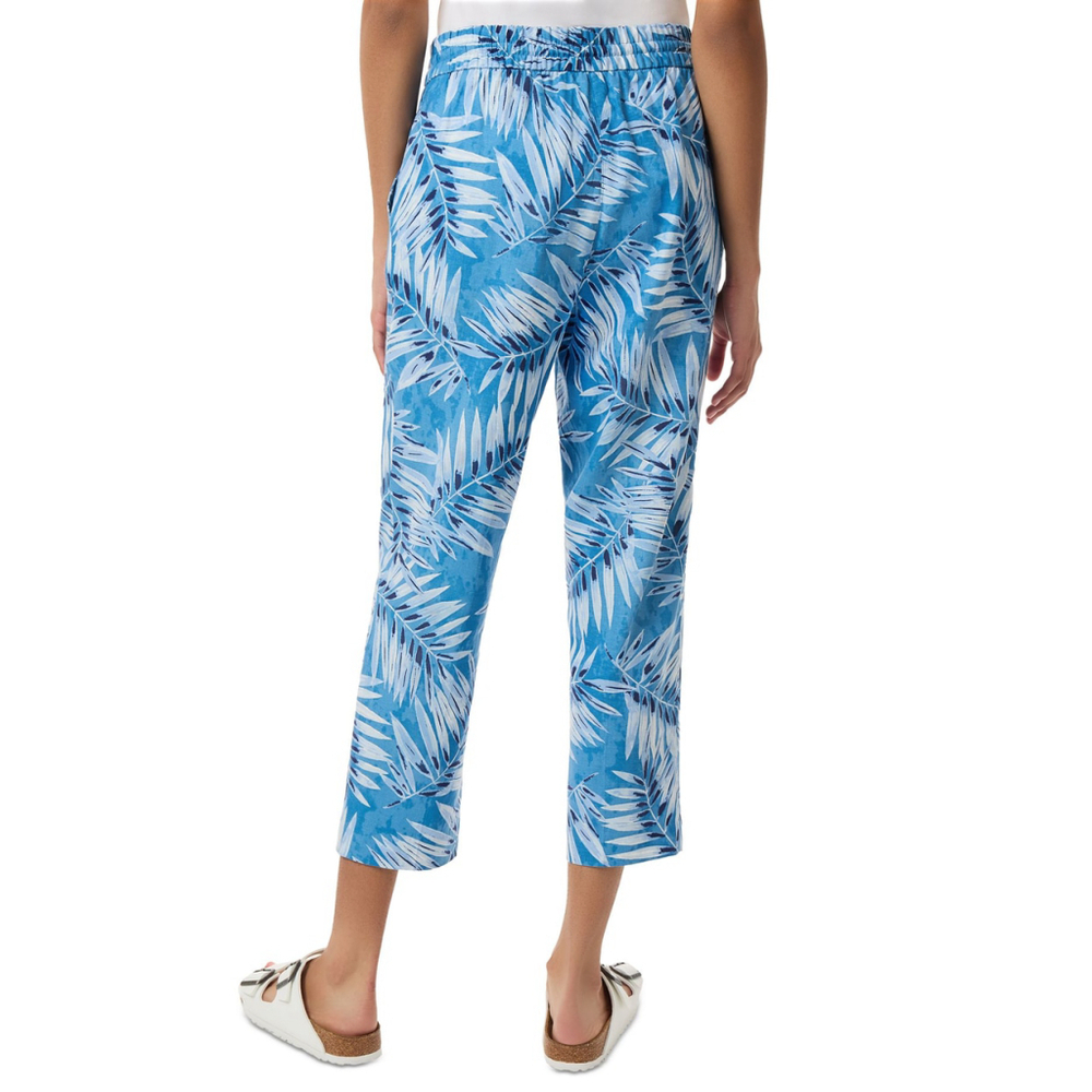 Jones New York Size Large Blue Tropical Leaf Drawstring Waist Linen Pants NWT - Picture 2 of 5